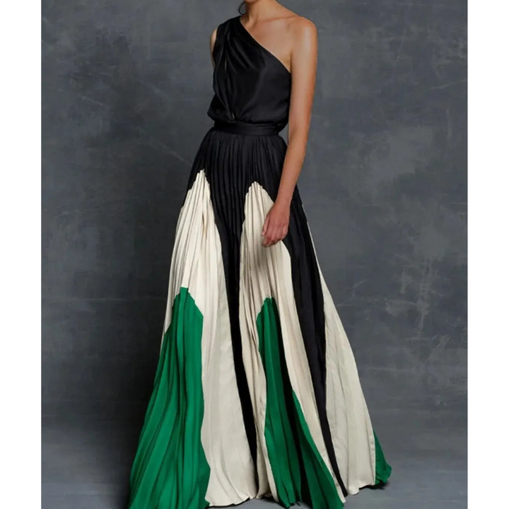 Women's one shoulder long pleated dress with artistic design, a chic and elegant cocktail or party dress.