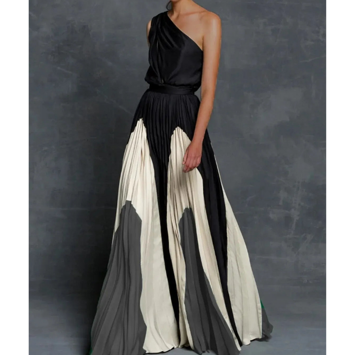 Formal women's one shoulder evening gown, a beautiful artistic pleated long dress for special occasions.