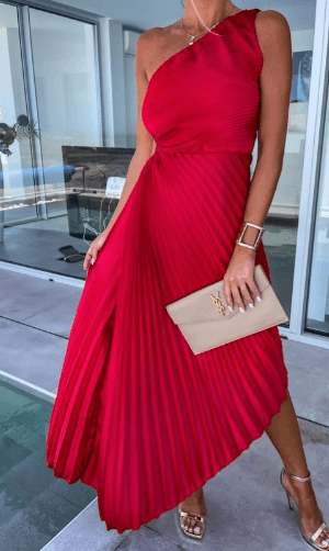 Stunning women's one shoulder pleated maxi dress, a chic and elegant formal party dress.
