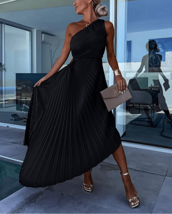 Formal women's one shoulder pleated maxi dress, a stylish and elegant option for any special occasion.