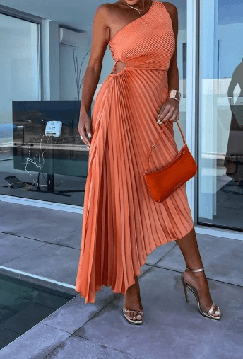 Party dress: women's one shoulder pleated maxi dress, offering an elegant and fashionable look.