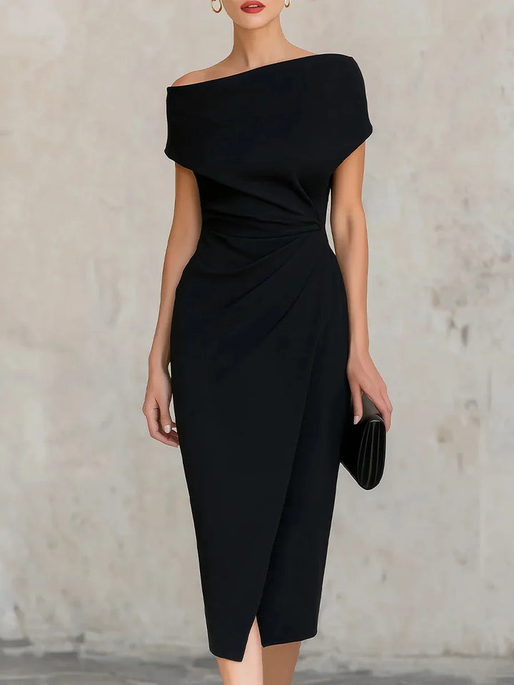 Elegant women's one-shoulder pleated midi dress with side slit, perfect for formal events & wedding guests.
