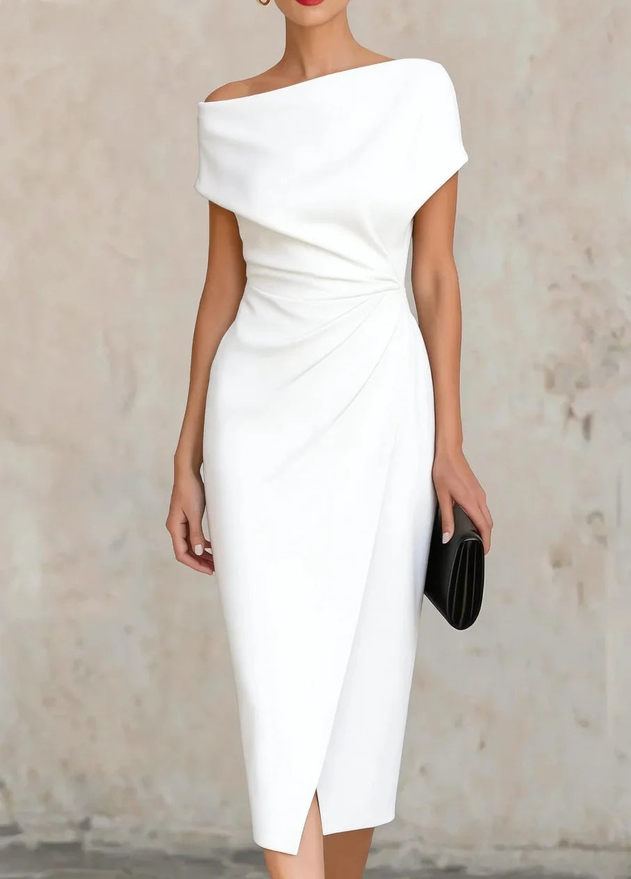 Chic women's one-shoulder midi dress featuring pleats & side slit; ideal party or evening wear.