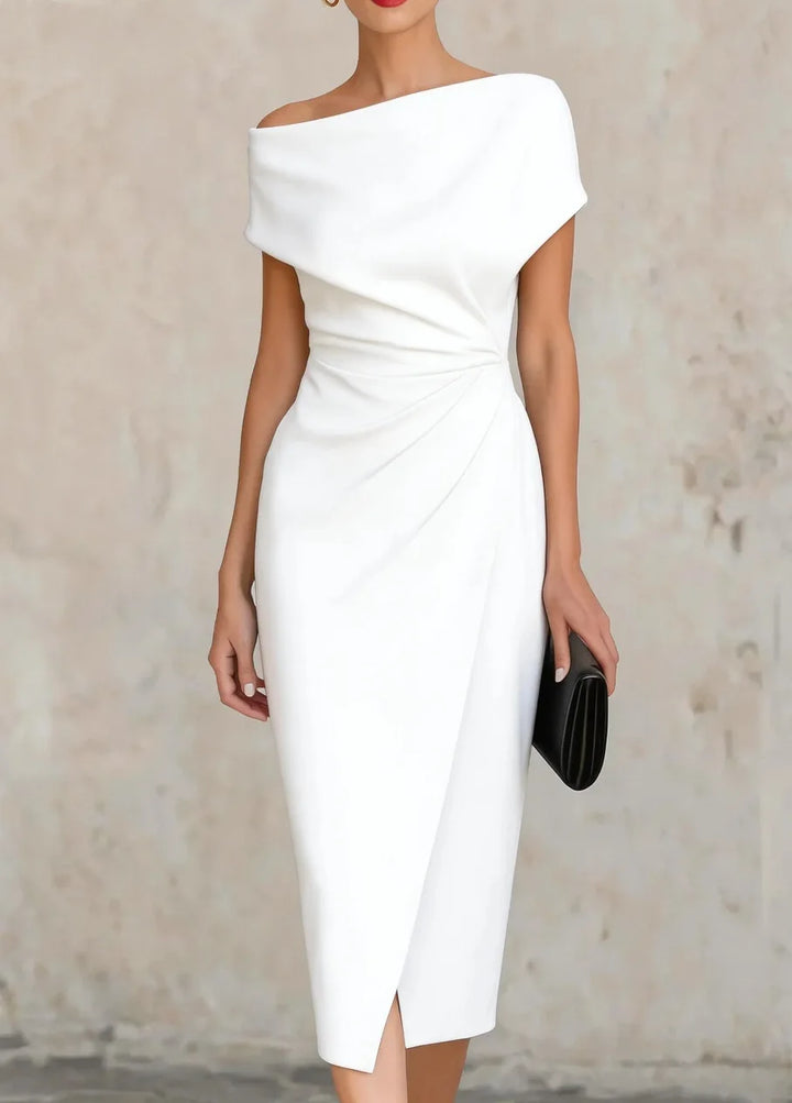 Chic women's one-shoulder midi dress featuring pleats & side slit; ideal party or evening wear.
