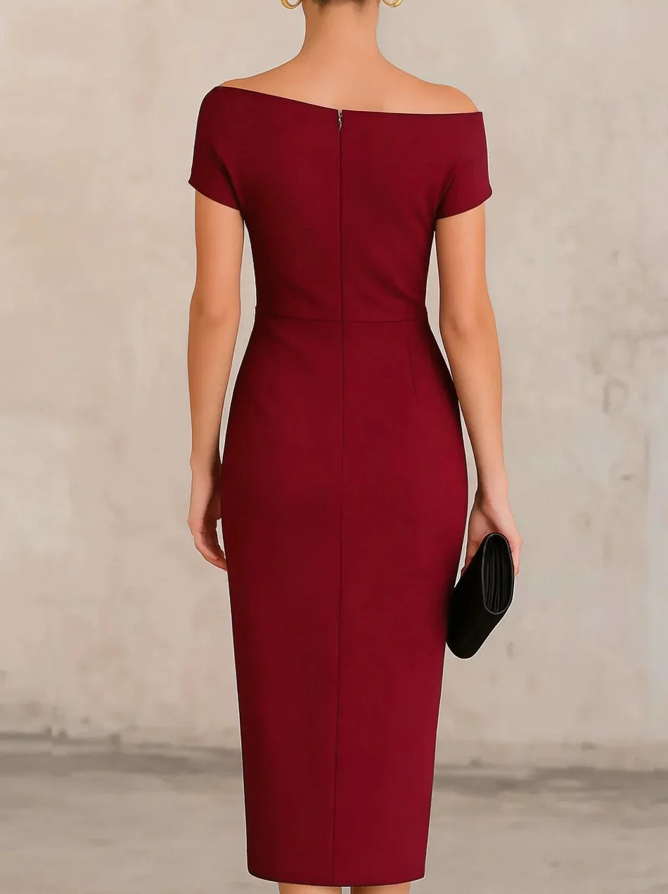 Sophisticated women's pleated midi dress, one-shoulder style & side slit. Great for wedding guests.