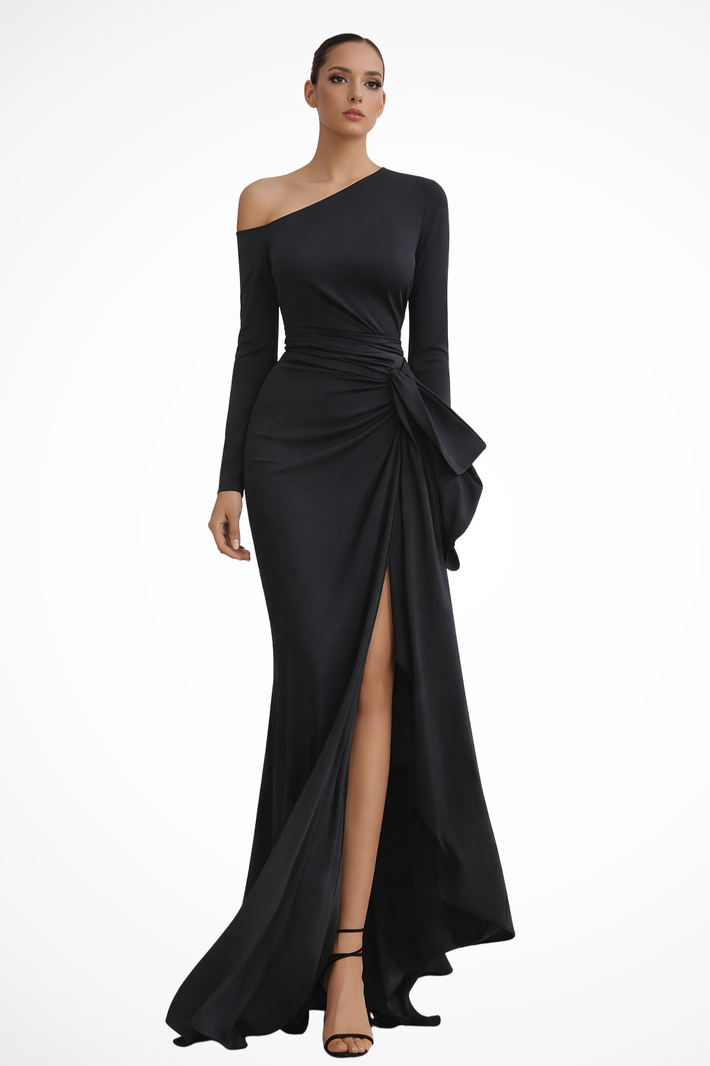 Elegant women's one-shoulder ruched maxi dress, perfect as a wedding guest gown or formal evening attire.