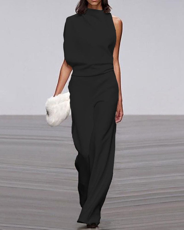 Modern women's evening jumpsuit with one-shoulder and wide-leg design for events.