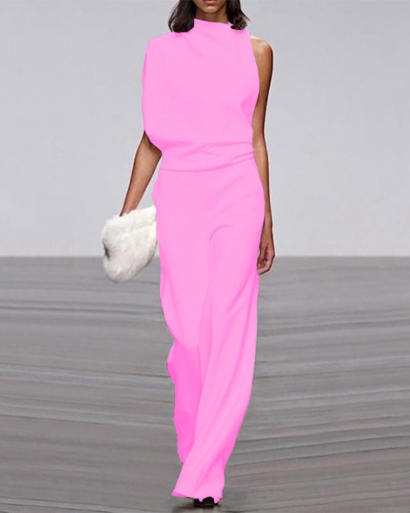 Women's formal wide-leg one-shoulder jumpsuit, a sleeveless & sophisticated party outfit.