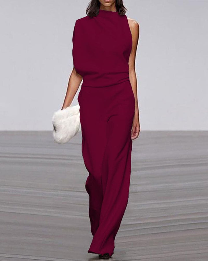 Stylish women's one-shoulder wide-leg jumpsuit, perfect for elegant evening wear.