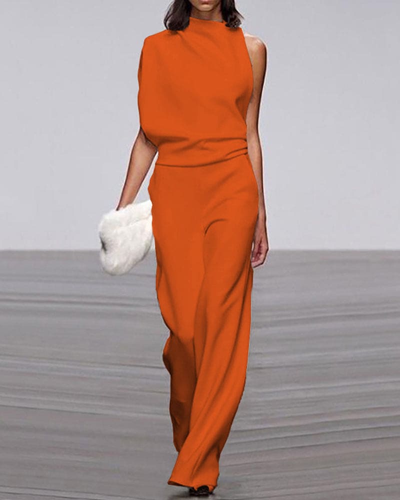 Elegant women's one-shoulder wide-leg jumpsuit, a modern & sophisticated party outfit.