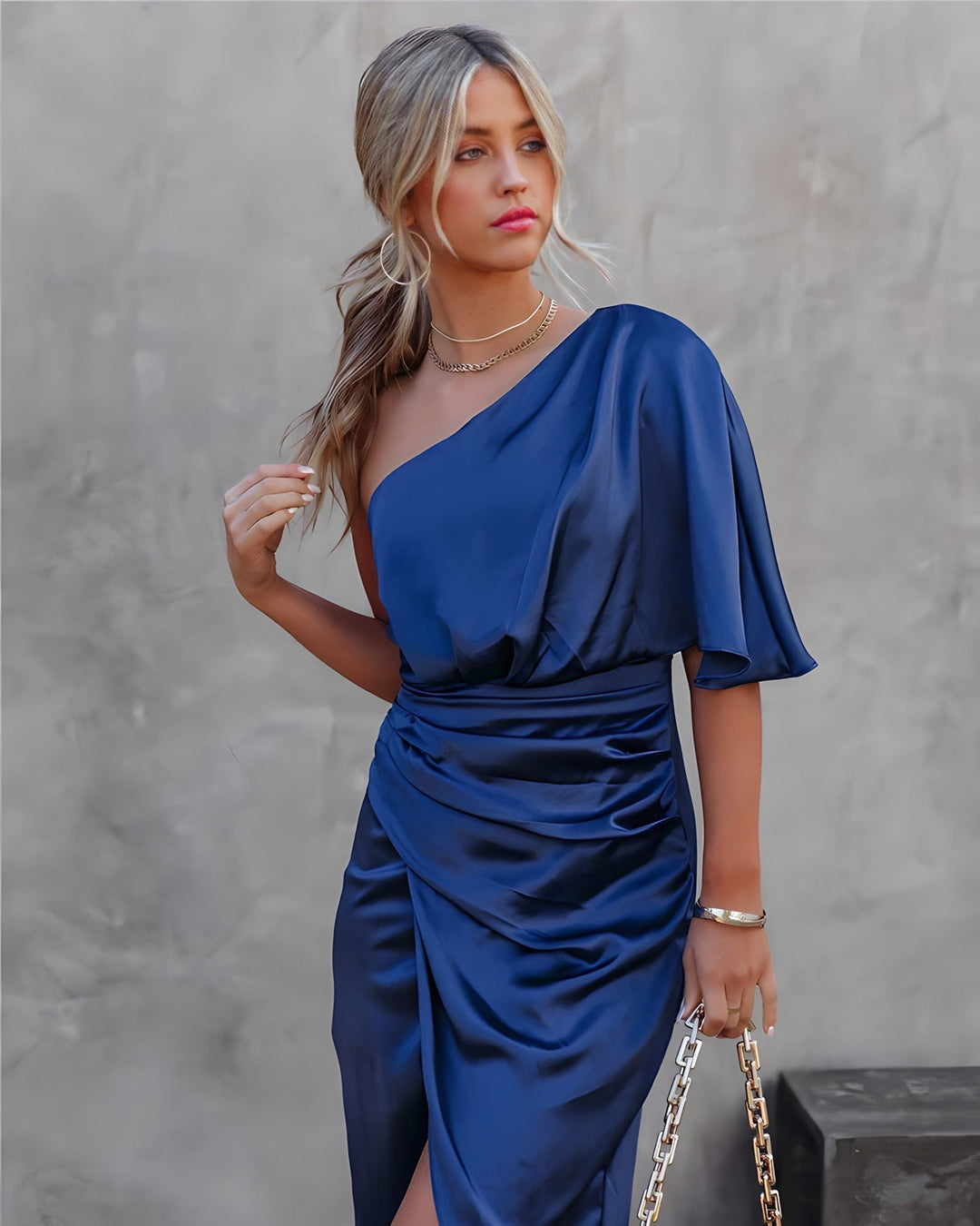 Elegant women's one shoulder wrap satin midi dress, perfect for cocktails or parties