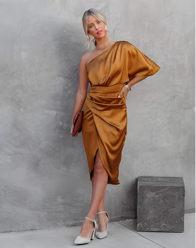 Perfect party attire: women's one shoulder wrap midi dress in a bold emerald green