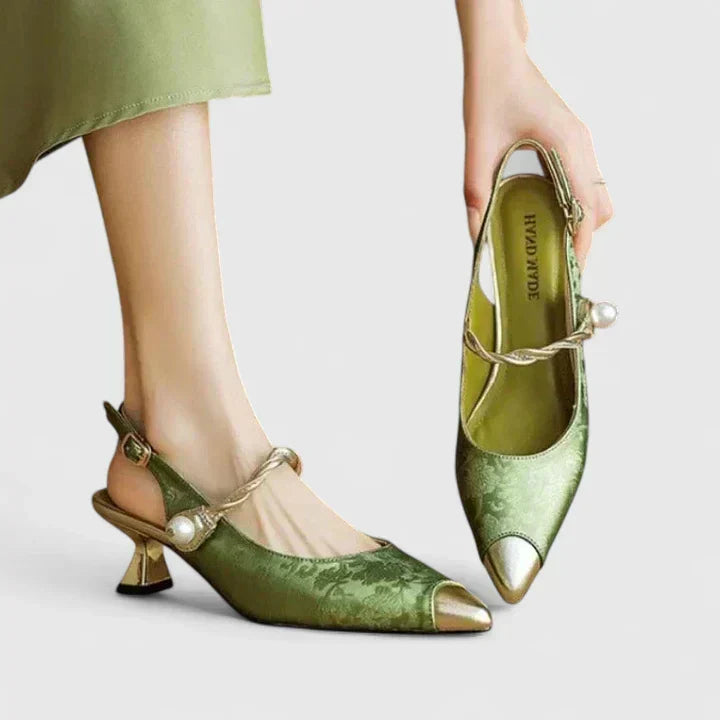 Elegant women's orthopedic kitten heels with pearl & floral accents, offering comfortable support for dress & party wear.