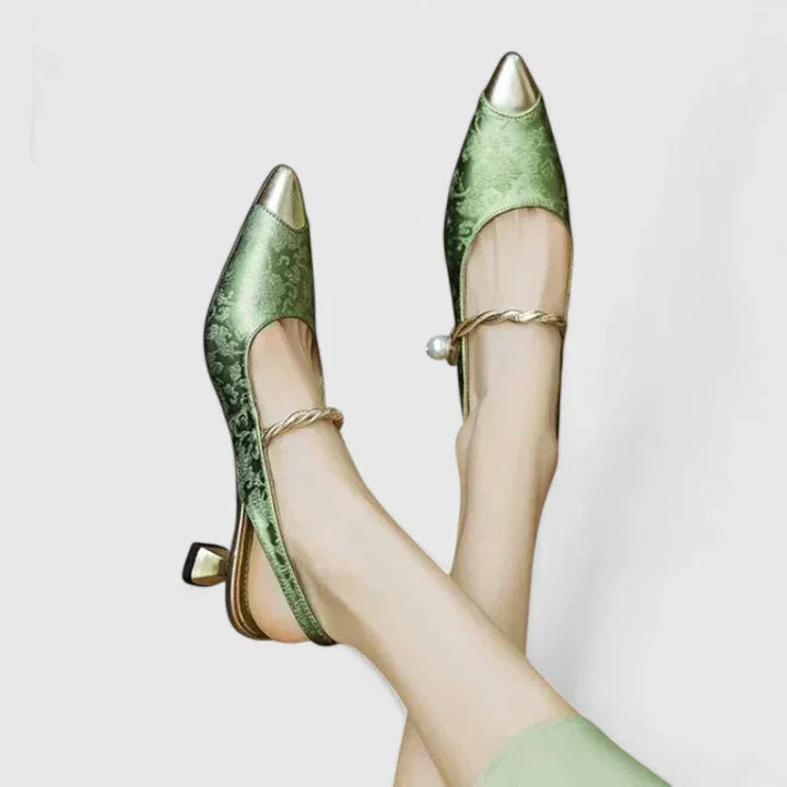 Silver women's orthopedic kitten heels with stunning pearl & floral accents, ideal comfortable dress shoes for parties.