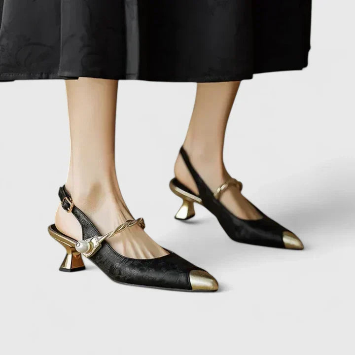 Black orthopedic kitten heels, women's elegant formal shoes with pearl accents & floral texture for all-day comfort.