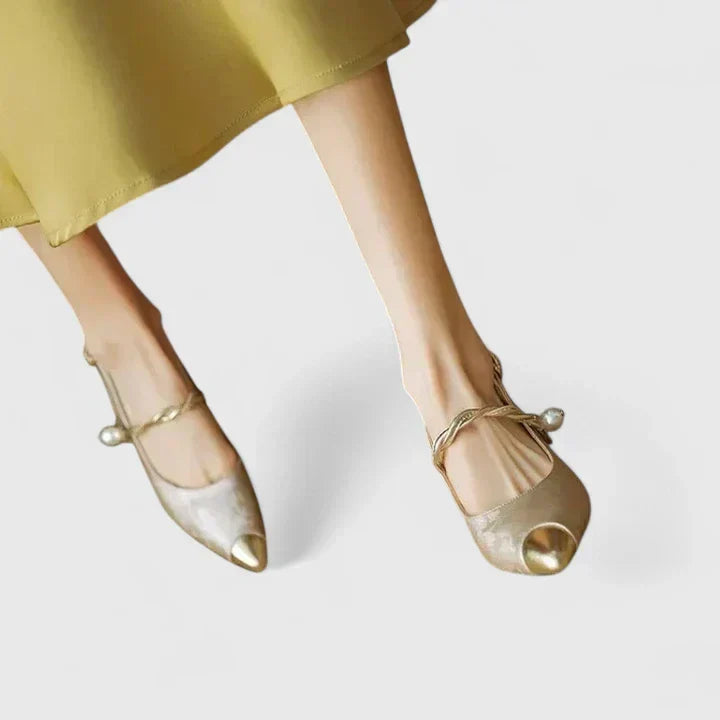 Comfortable women's kitten heels, orthopedic design with unique pearl and floral accents, perfect elegant dress shoes.