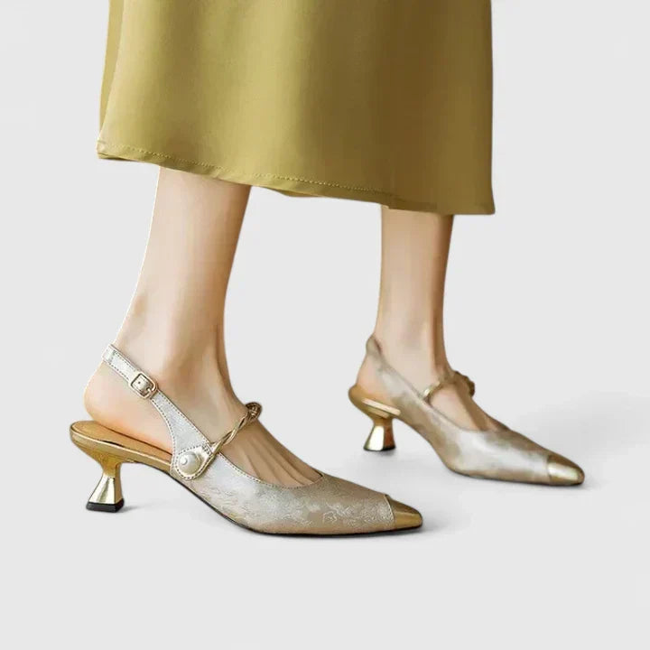Formal party shoes: Women's orthopedic kitten heels, elegant with pearl & floral accents, providing comfortable support.