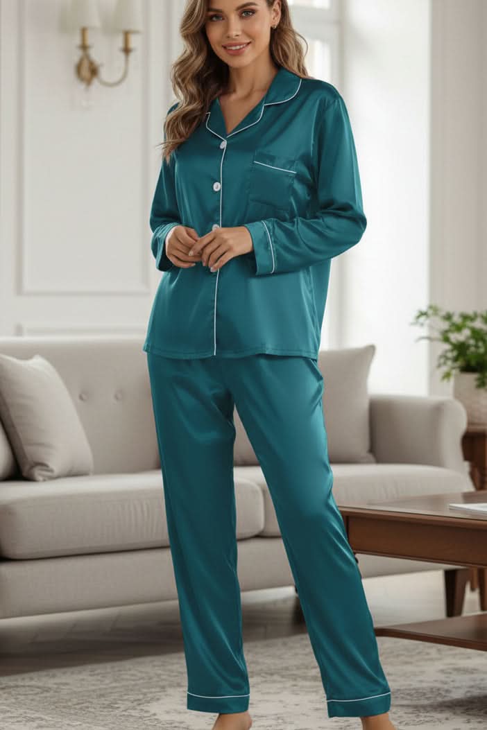 Chic women's lounge pajama set. Elegant two-piece sleepwear for ultimate comfort and relaxation at home.
