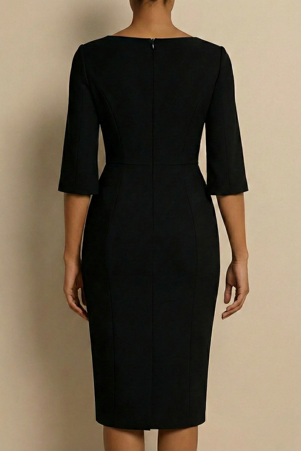 Sophisticated women's bodycon midi dress with pearl trim, an elegant choice for wedding guest or cocktail party.