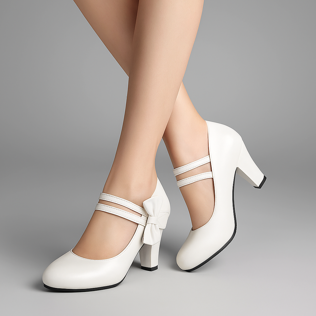 White strappy block heel pumps for women, with an elegant bow, ideal for special occasions.