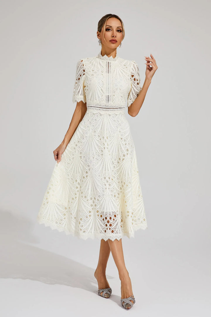 White lace midi dress for women, a versatile and timeless piece of formal party apparel.