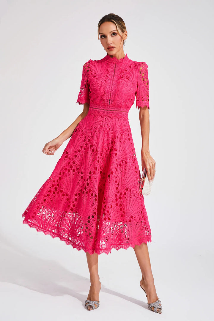 Women's sophisticated pink lace midi dress, a stylish choice for any party or formal event.