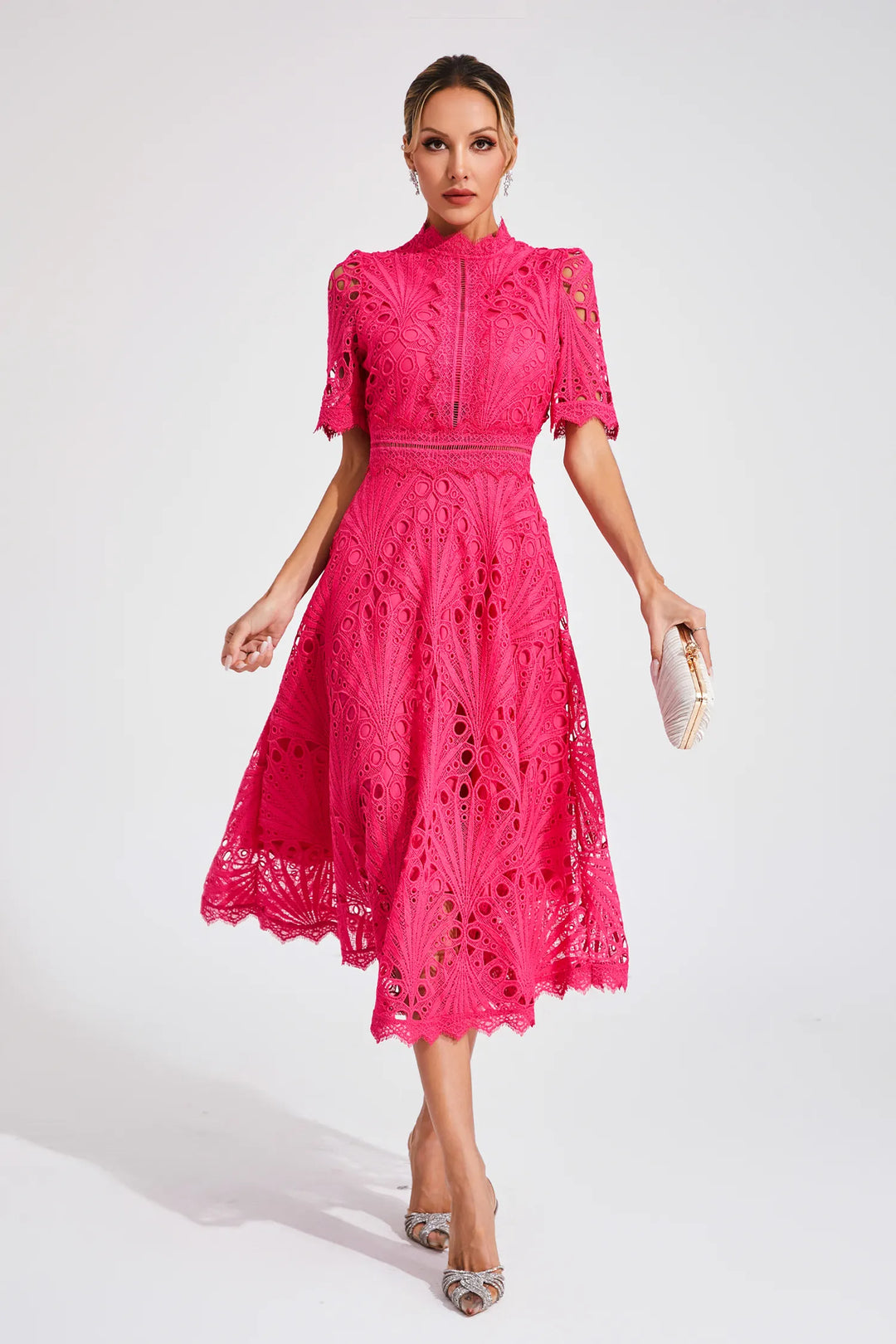 Beautiful white lace midi dress, women's apparel offering an elegant and classic look.