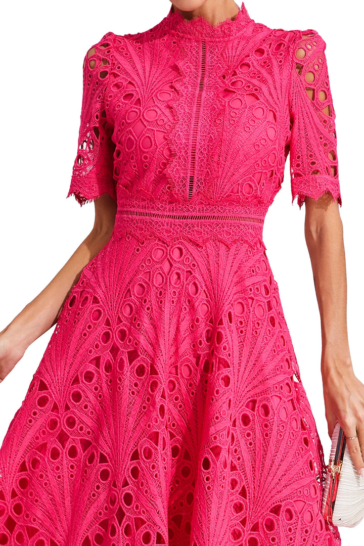 Women's chic pink lace midi dress with a flattering fit, perfect for special occasions.