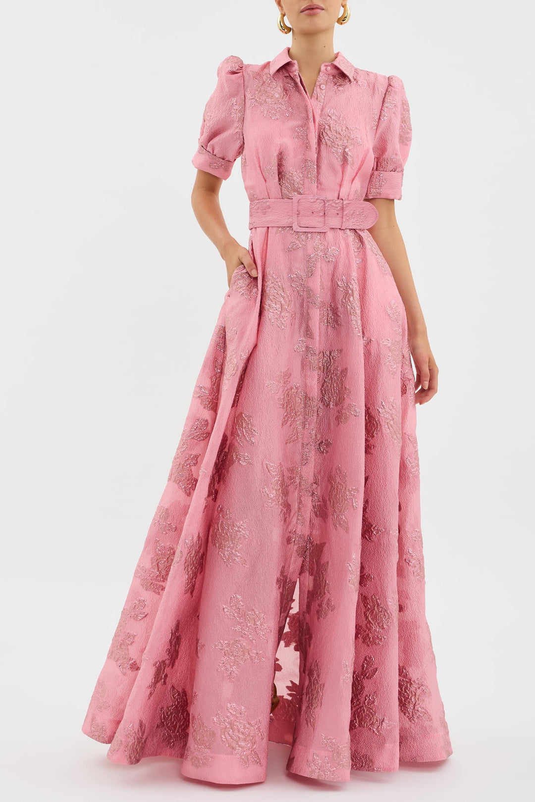 Women's A-line pink formal maxi dress, ideal for wedding guests, parties, and elegant events.