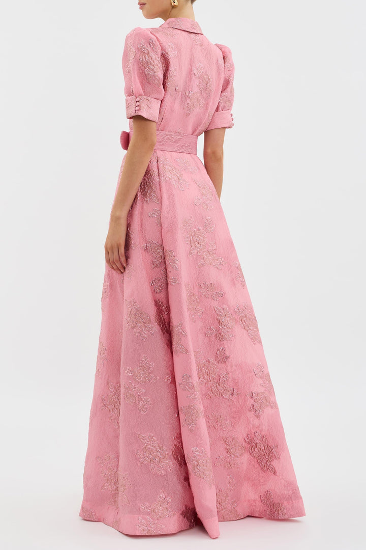 Flowy elegant pink special occasion maxi dress for women, suitable for galas and formal parties.