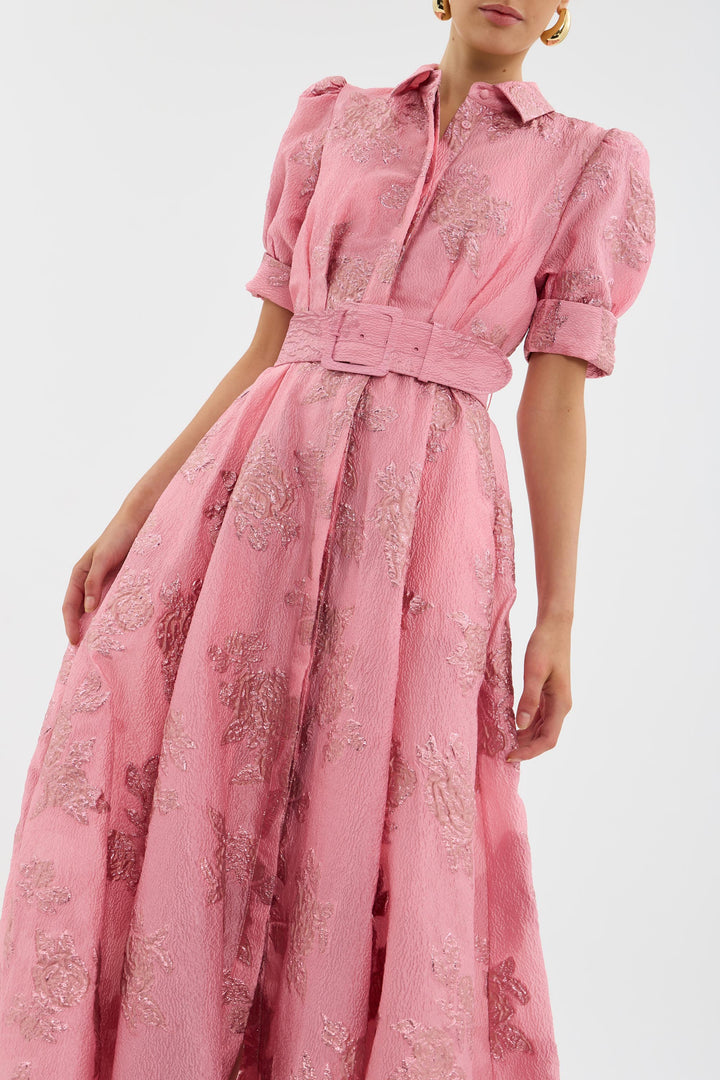 Luxurious pink formal maxi dress for women, an elegant choice for wedding guests & evening events.