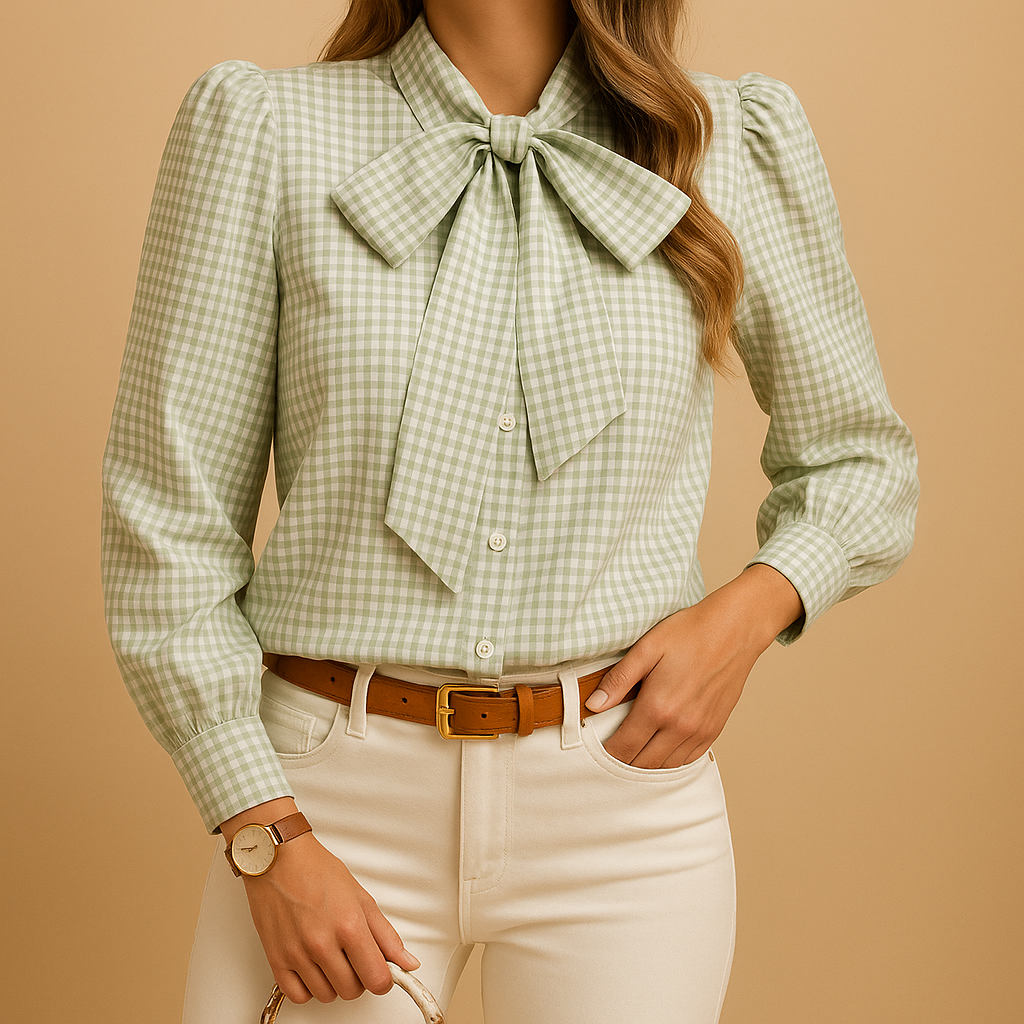 Versatile women's long sleeve checkered blouse. Fashionable top with a chic bow for everyday elegance.