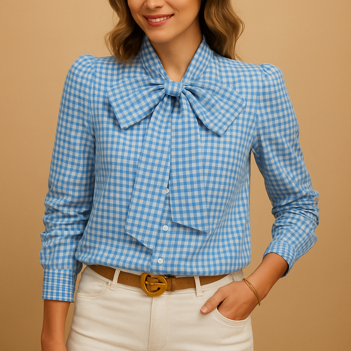 Chic women's plaid blouse featuring a stylish bow, ideal for elegant casual or professional outfits.