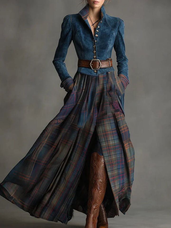 Elegant women's plaid maxi dress with fitted bodice, long sleeves, and sweeping skirt, perfect for fall or winter fashion.