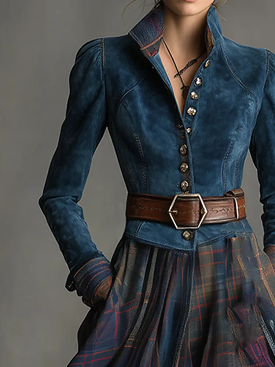 Vintage-style women's plaid maxi dress featuring a stand collar, fitted bodice, and long sleeves, ideal for versatile wear.
