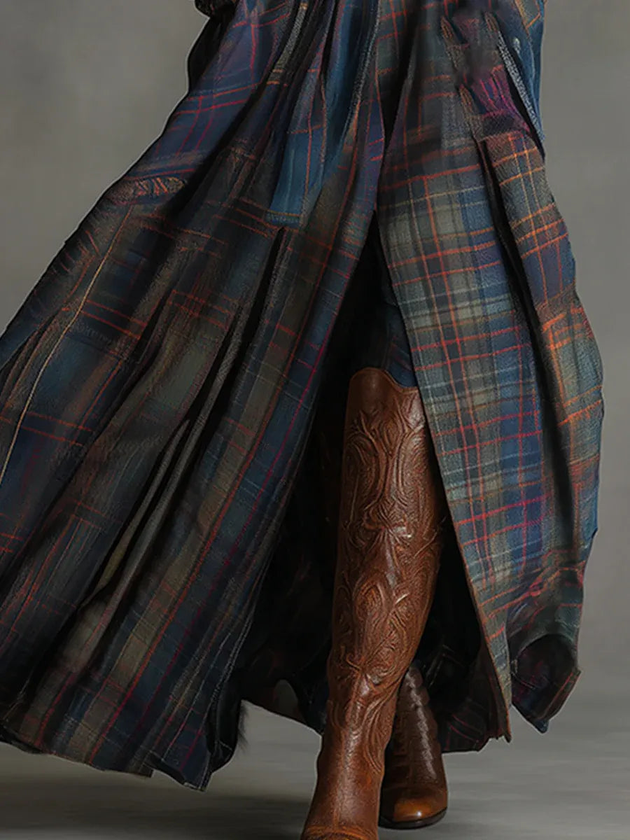 Chic women's plaid maxi dress for evening wear or party, with a fitted bodice, long sleeves, and an elegant sweeping skirt.