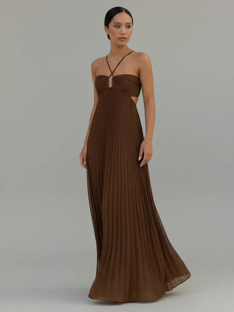 Elegant women's pleated A-line maxi dress. Comfortable, flowy, and perfect for summer parties or evening events.