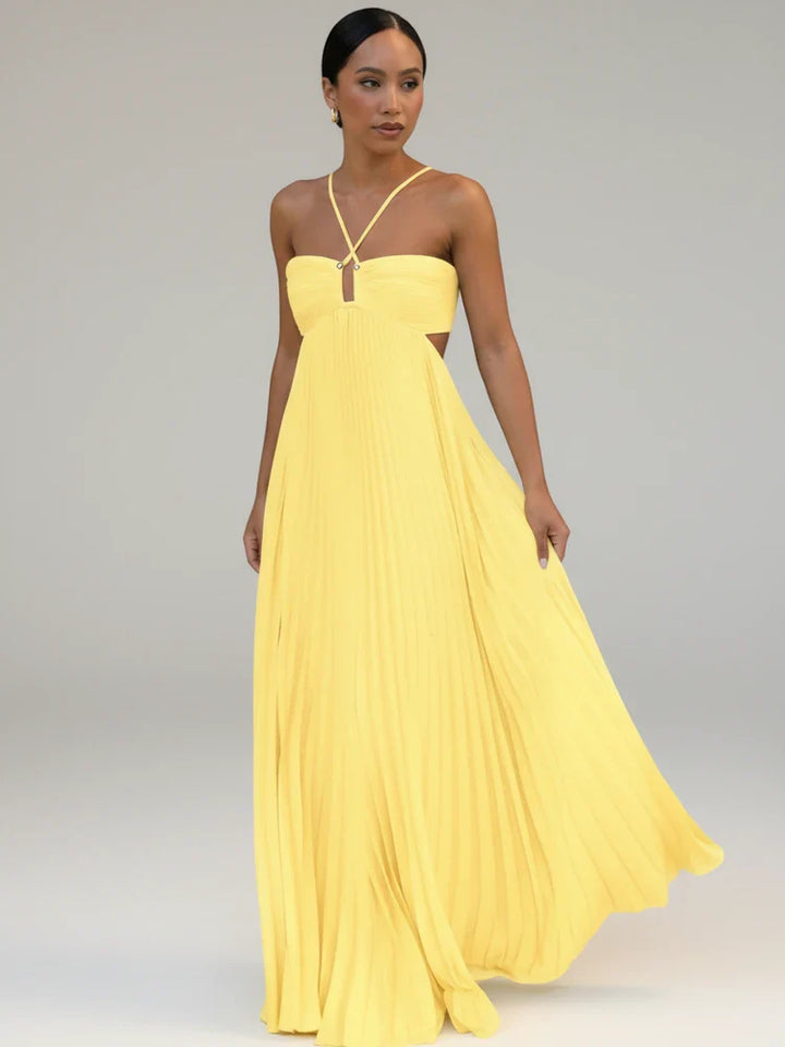 Comfortable women's pleated A-line maxi dress. Flowy design, perfect for elegant summer evenings & special occasions.