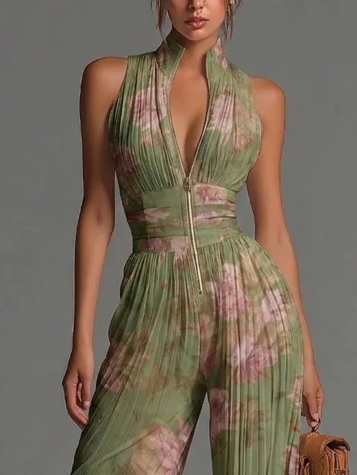Stylish women's wide-leg floral jumpsuit with a comfortable halter neck, perfect for summer vacation & evening wear.