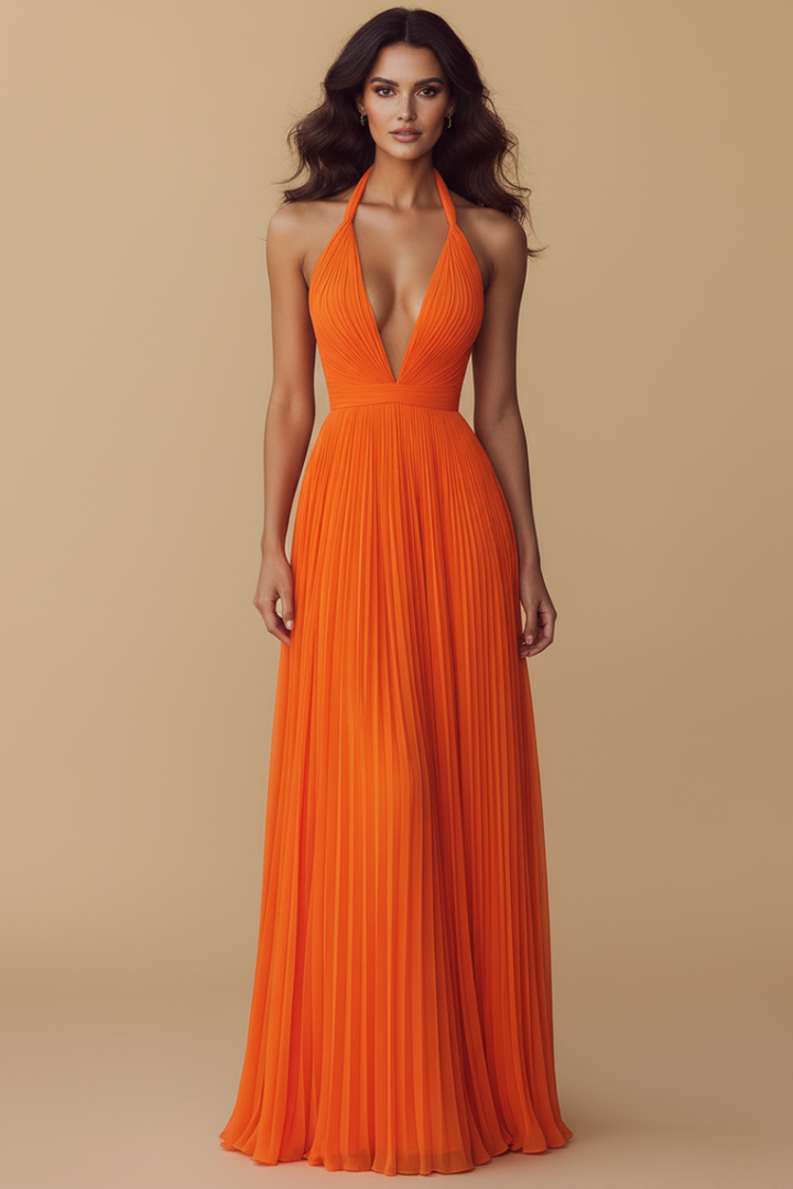 Elegant women's pleated halter deep V-neck maxi dress, perfect for formal events & evening wear. Flowy long gown.