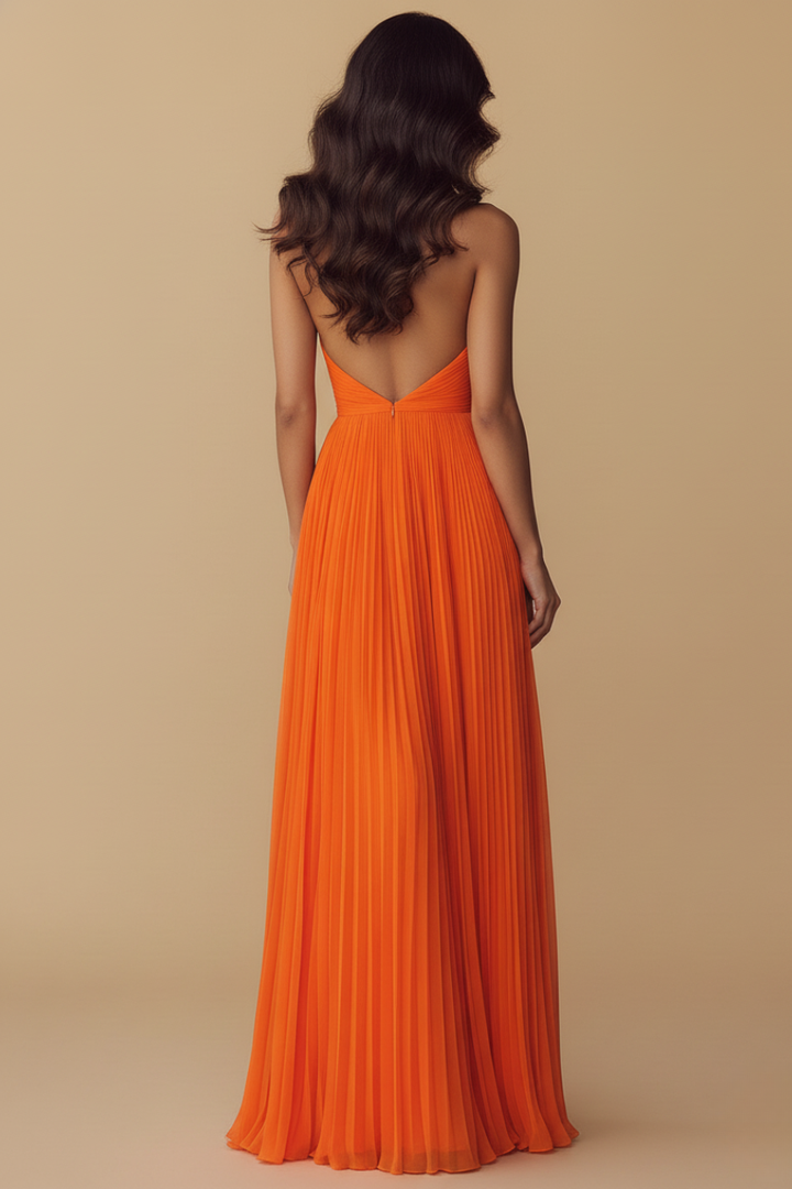 Women's flowy pleated maxi dress with deep V-neck & halter, ideal for special occasion parties & summer events.