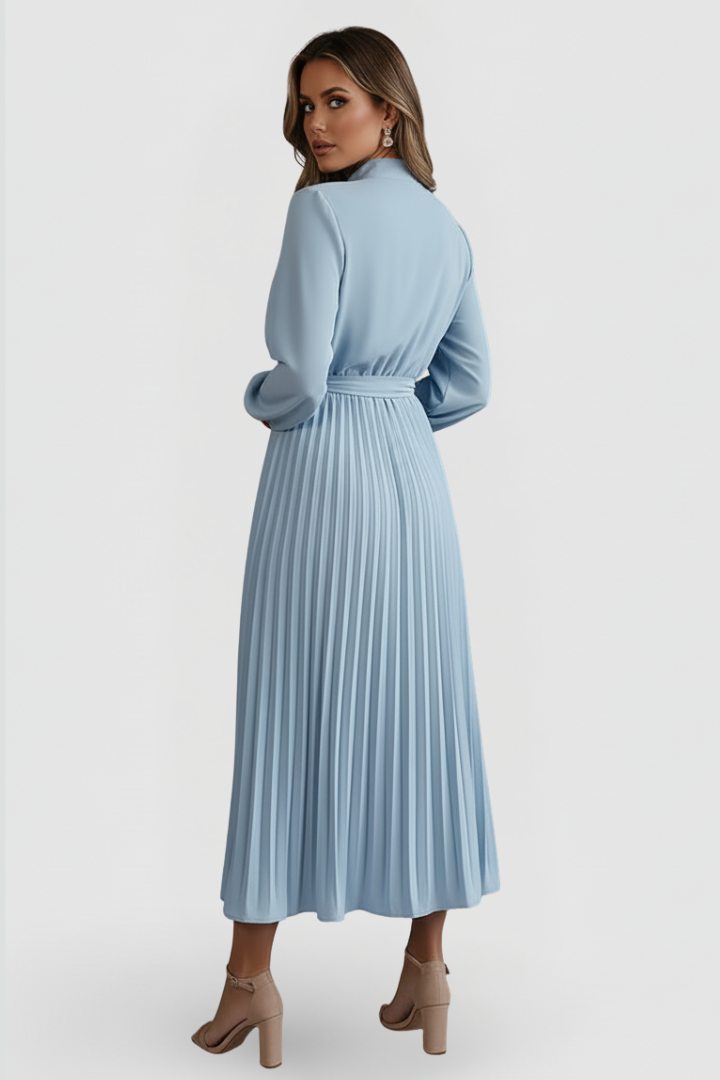 Women's long sleeve pleated midi dress featuring a stylish and adjustable waist tie. Perfect for any season.