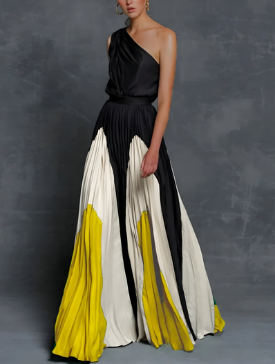 Elegant women's pleated maxi dress, perfect for wedding guests or formal evening events. One-shoulder design.
