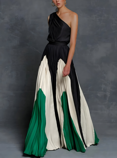 Formal color block evening gown for women, a stylish pleated maxi dress for galas and special occasions.