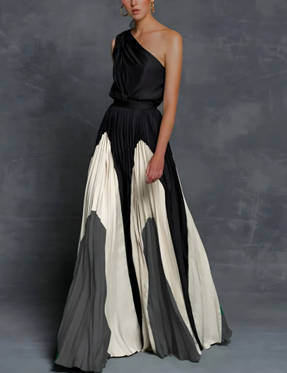 Sophisticated one-shoulder pleated maxi dress for women, ideal as a wedding guest outfit or elegant gala dress.