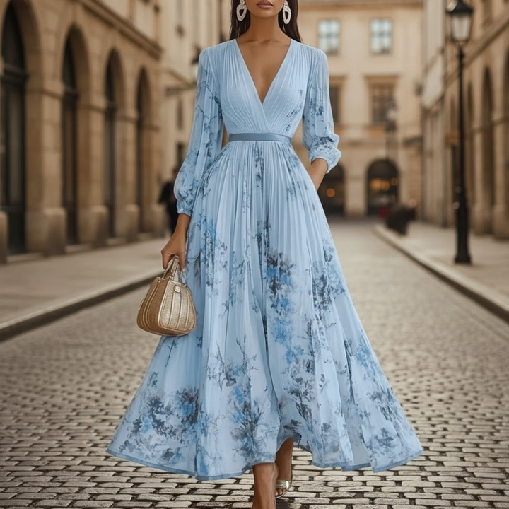 Stylish women's elegant floral print V-neck maxi dress, a versatile choice for both casual and formal wear.
