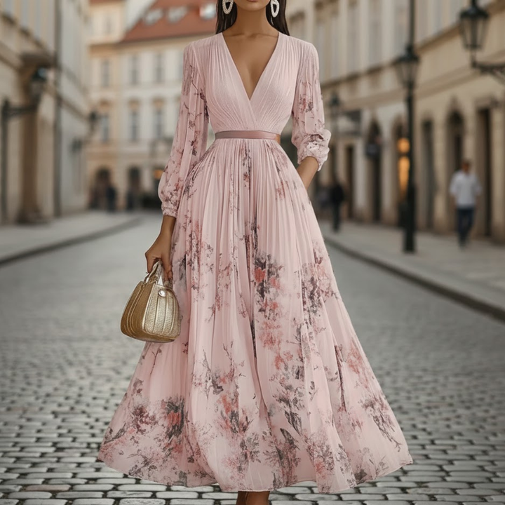 Vibrant floral print women's V-neck maxi dress, featuring elegant pleats and long sleeves for a chic look.