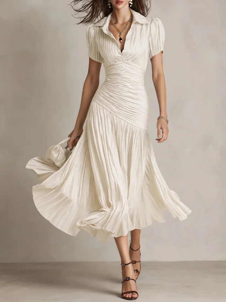 Stunning burgundy women's pleated midi dress, elegant A-line design, ideal for formal fashion events.