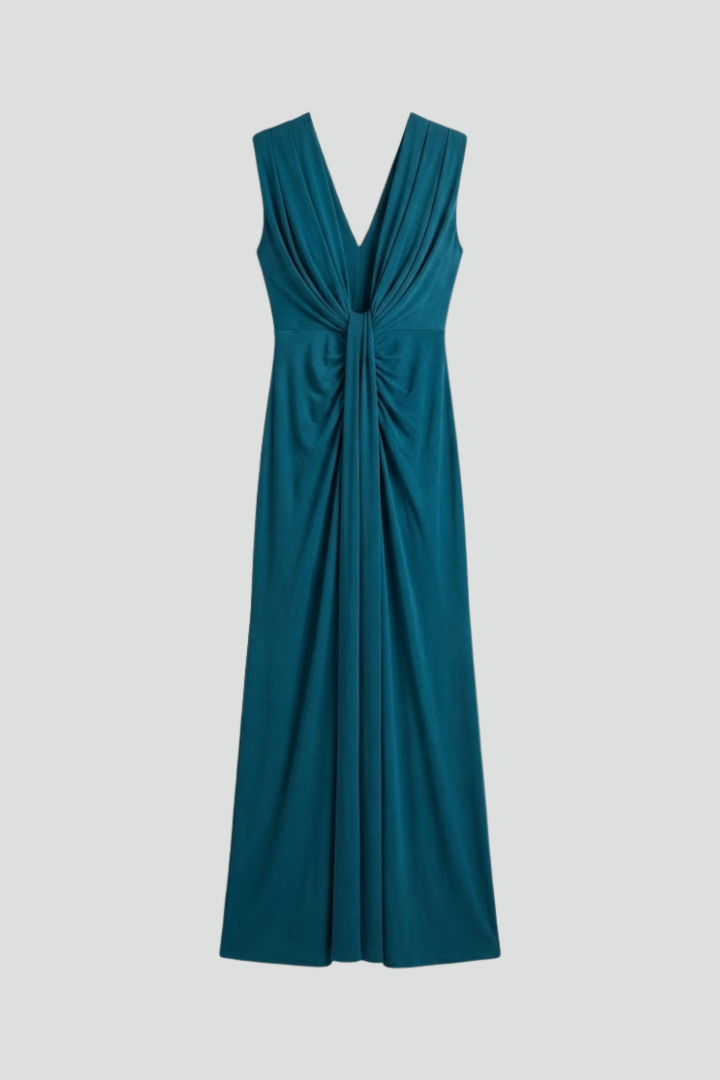 Elegant women's pleated V-neck sleeveless maxi dress, perfect for formal events or sophisticated day wear.