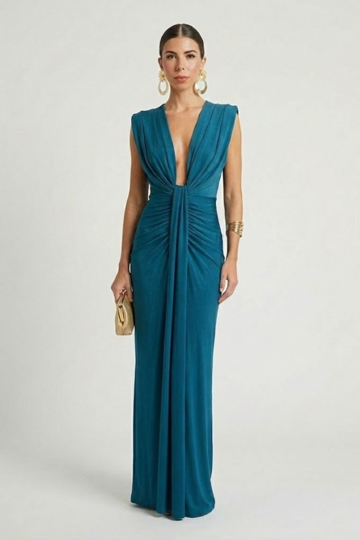 Chic pleated V-neck maxi dress for women, sleeveless design offering comfort and style.